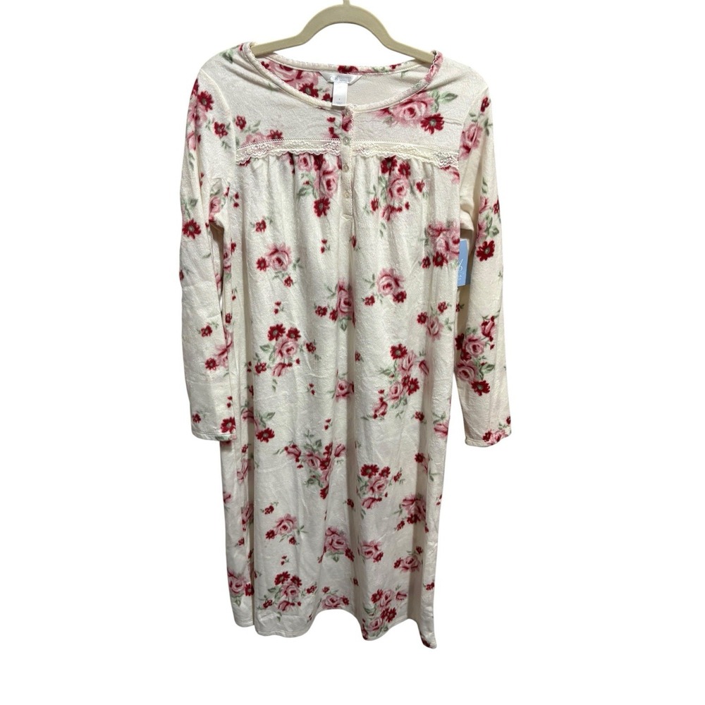 Adonna Nightgown Flannel Soft Long-  Sz S - White Floral - NWT - 100% Polyester